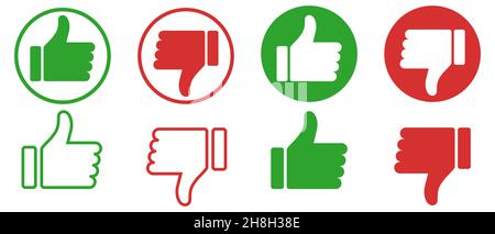 Daumen hoch und Daumen runter. „Gefällt mir“- und „Gefällt mir nicht“-Sammlung von Symbolen. Moderne grafische Elemente für Webbanner, Websites, gedruckte Materialien, Infografiken. Stock Vektor