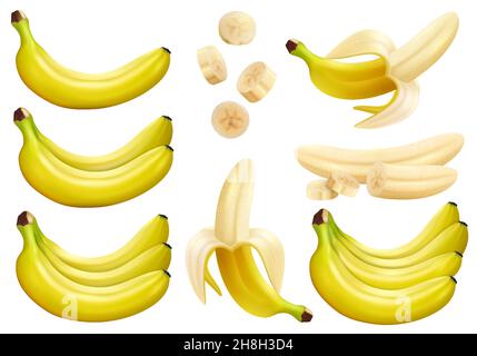 Set von 3D Vektor realistische Illustration Bananen. Banane, halbgeschälte Banane, Bananenbündel, Bananenstücke und Bananenscheiben isoliert auf weißem Hintergrund, Stock Vektor