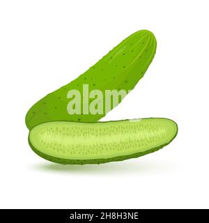 Ganze und in Scheiben geschnittene Gurken, Gemüse. Vektor-Illustration Cartoon flache Symbol auf weiß isoliert. Stock Vektor