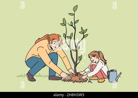 Lächelnde junge Mutter und kleine Tochter Pflanzen Keimling im Boden kümmern sich um die Umwelt. Glückliche Mutter und kleines Mädchen Kind wachsen Baum in Gartenarbeit zusammen beschäftigt. Vektorgrafik. Stock Vektor