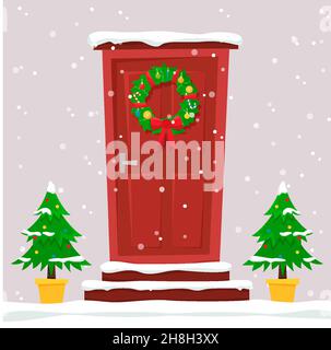 Rote Tür mit einem Weihnachtskranz, Laternen und Tannen an den Seiten. Vektorgrafik für eine Postkarte oder ein Poster. Neujahr und Weihnachten. Stock Vektor