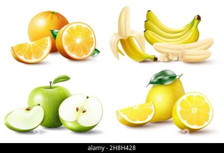 Set von realistischen saftigen Früchten Apfel, Bananenorange, Zitrone. Ganze und halbierte Früchte, Fruchtkeile. Hochwertiges Vektorbild isoliert auf weißem Hintergrund Stock Vektor