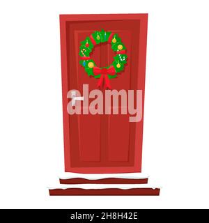 Rote Tür mit einem Weihnachtskranz, Laternen und Tannen an den Seiten. Vektorgrafik für eine Postkarte oder ein Poster. Neujahr und Weihnachten. Stock Vektor