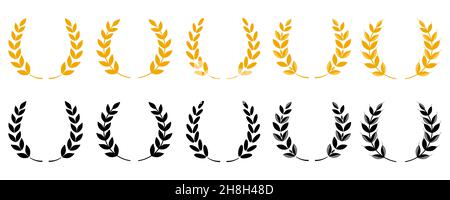 Gold Lorbeerkranz - ein Symbol für den Sieger. Weizen Ohren oder Reis Symbole gesetzt. Landwirtschaftliche Symbole isoliert auf weißem Hintergrund. Designelemente für brea Stock Vektor