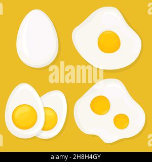 Eine Reihe von unterschiedlich gekochten Eiern. Ganzes Ei, rohes, Spiegelei, hartgekochtes Ei. Frische, leckere gekochte Eier. Leckeres Frühstück. Vektorgrafik handgezeichnete Illustration Stock Vektor