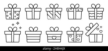 Geschenkbox Linie Symbole Set, Umriss Vektor Symbol Sammlung, lineare Stil Piktogramm Pack. Schilder Logo-Abbildung. Das Set enthält Symbole als Geburtstagsvoreinstellung Stock Vektor
