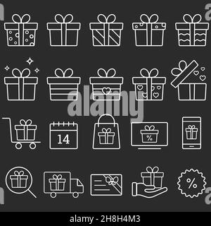 Geschenkbox Linie Symbole Set, Umriss Vektor Symbol Sammlung, lineare Stil Piktogramm Pack. Schilder Logo-Abbildung. Das Set enthält Symbole als Geburtstagsvoreinstellung Stock Vektor