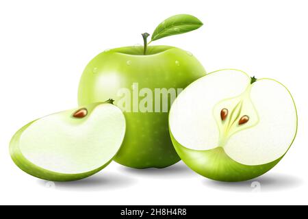 Apfel. Grüne Äpfel mit grünen Blättern und Apfelscheibe - Vektor-Illustration. Realistischer Vektor Stock Vektor