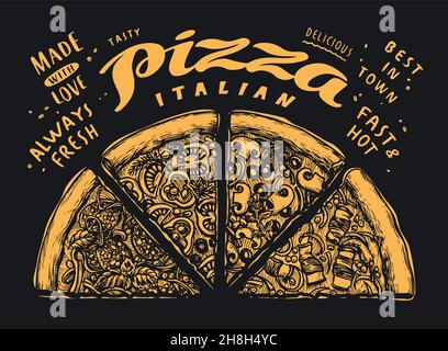 Handgezeichnete Umrisse von Pizzascheiben. Skizze von köstlichen beliebten italienischen Fast Food Stock Vektor