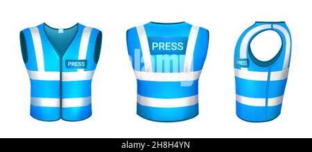 Blaue Sicherheitsweste für Presse mit reflektierenden Elementen, fluoreszierenden Streifen. Schutzkleidung oder Kleidung für Journalisten, Journalisten und Massenmedien. Weste in Rücken-, Vorder- und Seitenansicht Stock Vektor