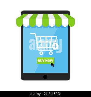 Tablet-PC mit einem Warenkorb und Wörter kaufen jetzt, isoliert auf weißem Hintergrund, Online-Shopping-Konzept, flaches Design Stock Vektor