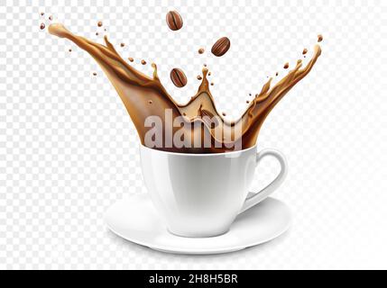Kaffeespritzer. Eine Tasse Kaffee. Kaffeebohnen, die in einen weißen Keramikbecher oder eine Tasse mit heißem Kaffeespritzer fallen. Kaffeetasse 3D realistische Vektorgrafik Stock Vektor