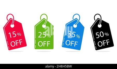 Satz von Verkauf Etiketten 15, 25, 35, 50 Prozent Rabatt, Preisschild. Flaches Design. Vektor. Stock Vektor