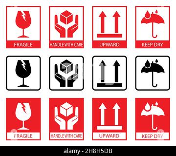 Zerbrechliche Symbole. Set von Verpackungssymbolen: Diese Seite nach oben, mit Sorgfalt behandeln, zerbrechlich, trocken halten Stock Vektor