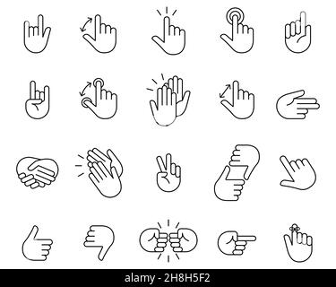 Symbol für Hand eingestellt. Klatschende Hände und andere Gesten, flatschende Geste. Symbole für dünne Linien gesetzt.Schwarze Vektorsymbole auf Weiß isoliert. Stock Vektor
