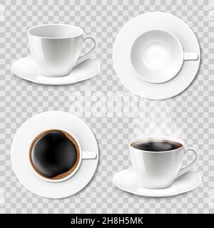 Set Kaffeetassen leer und mit Kaffee. Keramik Tassen oder Tassen mit einer Untertasse, Draufsicht, Seitenansicht. Kaffee Becher Set mit Heißgetränk, 3D Vektor isoliert i Stock Vektor