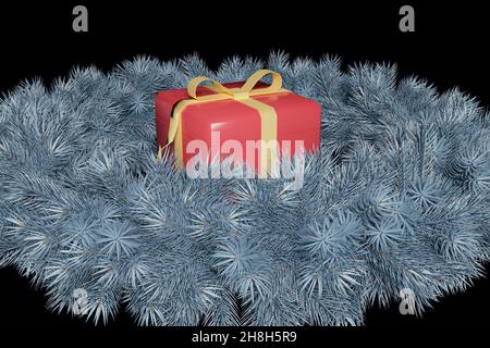 Weihnachtskomposition. Geschenkbox in einem Kranz aus silbernen Fichtenzweigen auf schwarzem Hintergrund. 3D Rendern. Rosa Geschenkbox mit goldenem Band gebunden. Stockfoto