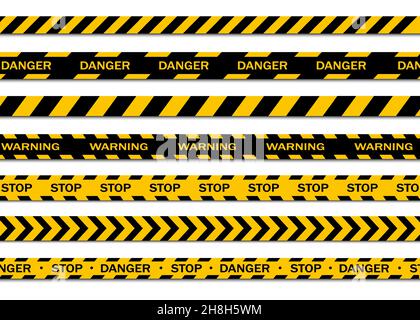 Satz von Warnbändern auf weißem Hintergrund isoliert. Warnband, Gefahrenband, Warnband, Unterklebeband. Vektorgrafik Stock Vektor