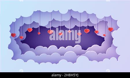 Valentine Schnitt 3D Hintergrund mit violett blau Gradient bewölkt Landschaft papiercut Kunst. Nachthimmel Wolken rechteckigen Rahmen mit Herzen auf Seil in Stock Vektor