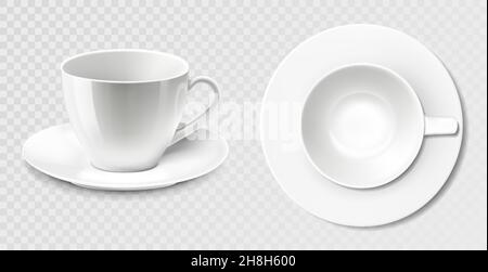 Set aus 3D realistischen weißen Kaffeetassen oder Tassen, mit einer Untertasse, isoliert auf weißem Hintergrund. Vektorvorlagen für Mock Up. Vektorgrafik Stock Vektor