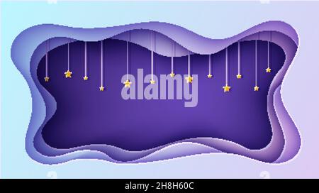 Nachthimmel rechteckiger Rahmen mit Sternen am Seil in Papierschnitt-Stil. Schneiden Sie 3D Hintergrund mit violett blauen Gradienten papercut Kunst. Märchen Vektor Stock Vektor