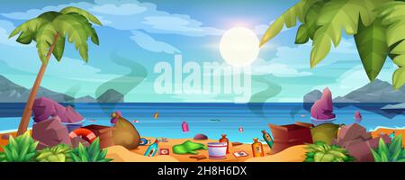 Müll am Meeresstrand, schwimmender Müll im Wasser. Meeresverschmutzung. Dreckiges Meer mit Müll, Flaschen, Taschen. Plastikmülldeponie an der sandigen Küste mit Steinen. Ökologisches Problem der verschmutzten Umwelt Stock Vektor