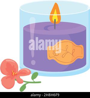 Lila Kerze im Glas. Cartoon aromatische Feuer hell für Yoga, verschiedene Vektor-Illustration isoliert auf weißem Hintergrund Stock Vektor