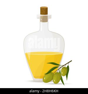 Glasflasche mit Olivenöl und Zweig der Oliven, Vektor-flaches Design Stock Vektor