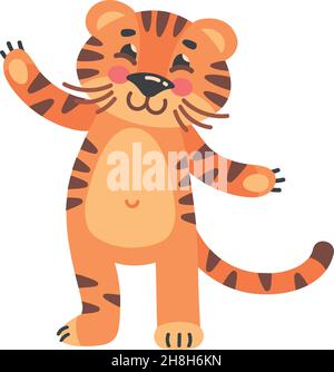 Maskottchen des neuen Jahres. Tanzender lächelnder Tiger, Vektorgrafik isoliert auf weißem Hintergrund Stock Vektor