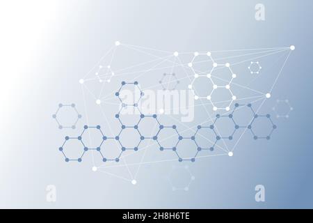 Wissenschaftlicher Hintergrund mit sechseckigen Objekten. Moderner abstrakter Hintergrund mit Molekülstruktur für Medizintechnik, Chemie, Physik Präsentation Stock Vektor