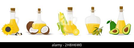 Ein Satz Glasflaschen mit verschiedenen Ölen. Oliven-, Sonnenblumen-, Mais-, Kokos- und Avocado-Öle. Flaches Design, Vektor Stock Vektor