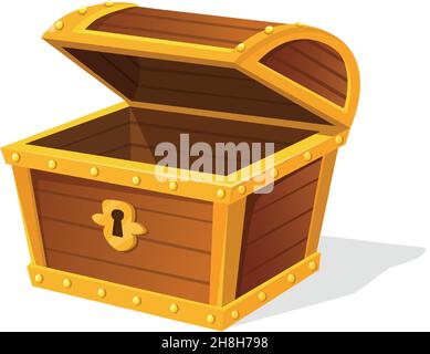 Geöffneter Schatz in einer Kiste. Brust für Objektjuwelen, Vektorsymbol isoliert auf weißem Hintergrund Stock Vektor