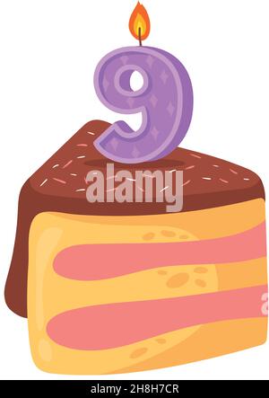 Stück Kuchen mit Kerze. Lecker geschnitten backen mit Creme, Cartoon-Vektor auf weißem Hintergrund isoliert Stock Vektor