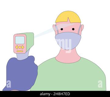 Person, die ihre Körpertemperatur mit einem berührungslosen Infrarot-Thermometer messen lassen. Vorsorgeuntersuchung, Coronavirus, Pandemiekonzept. Regel, Diagnose Stock Vektor