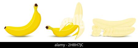 Bananenset . Ganze gelbe Früchte und Scheiben, geschälte Stücke. Reife vegetarische Speisen im Cartoon-Flat-Stil. Vektor Stock Vektor