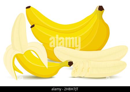 Bananensatz. Banane, halbgeschälte Banane, Bananenbündel, Bananenstücke und Bananenscheiben isoliert auf weißem Hintergrund, Bananensymbol, flacher Cartoon-Stil Stock Vektor