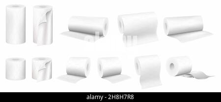 Satz von Papierrollen Handtücher und Toilettenpapier, Vektor 3D realistische Satz isoliert auf weißem Hintergrund Stock Vektor