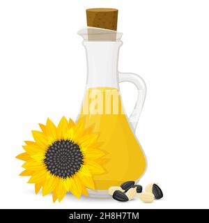 Sonnenblumenkernöl in Glasflasche, isoliert auf weiß. Vektorgrafik. Gelbe Blume im Cartoon-flachen Stil. Stock Vektor