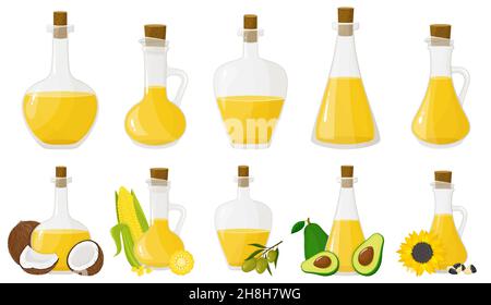 Ein Satz Glasflaschen mit verschiedenen Ölen. Oliven-, Sonnenblumen-, Mais-, Kokos- und Avocado-Öle. Flaches Design, Vektor Stock Vektor
