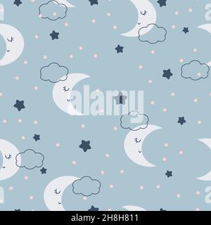 Niedliches Nursery Nahtloses Muster. Mond mit Sternen und Wolken auf blauem Hintergrund. Vektor einfache kindliche handgezeichnete Hintergrund in Cartoon-Stil. Stock Vektor