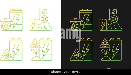 Gradientensymbole für unsachgemäße Entsorgung von Akkus sind für den dunklen und hellen Modus eingestellt Stock Vektor