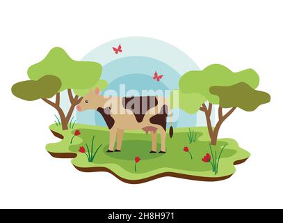 Niedliche Nutztiere Kuh mit Frühlingslandschaft. vektor-Cartoon-Illustration EPS 10 Stock Vektor