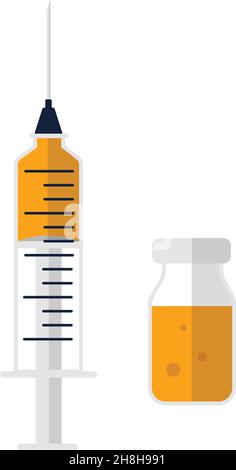 Spritze mit scharfer Nadel und Fläschchen mit Impfstoff gegen Coronavirus, flache Abbildung. Für Themen wie Prävention, Immunisierung und Behandlung Stock Vektor