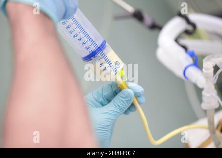 Prozess der Fütterung des Patienten in kritischem Zustand durch die Röhre. Stockfoto