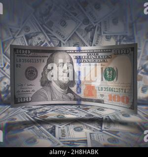 US-Dollar-Rechnung über den verstreuten Dollar-Hintergrund. Stockfoto