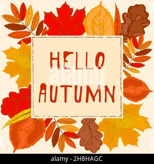 Herbstillustration mit Hello Autumn Schriftzug Stock Vektor