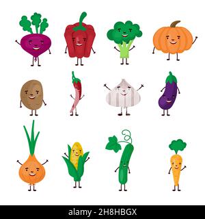 Vektor flache Illustration von fröhlichen Cartoon-Satz von Gemüse auf weißem Hintergrund isoliert Stock Vektor