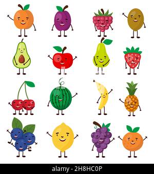 Set von niedlichen Charakter Früchte, Illustration für Kinder im Cartoon-Stil isoliert auf weißem Hintergrund Stock Vektor
