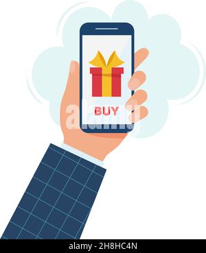 Hand hält Smartphone mit Geschenkbox auf dem Bildschirm. Vektorgrafik flach. Stock Vektor