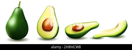 Realistische grüne Avocado für eine gesunde Ernährung. 3D Rendern. Ganze, halbierte Avocado mit Knochen in Scheiben schneiden. Zusammensetzung von reifen Avocado. Vektorgrafik Stock Vektor